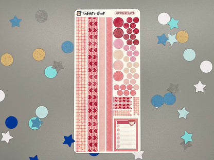 Decorative sticker sheet with washi strips and circle dots that match with the Valentines tea sticker set on gray background with confetti.