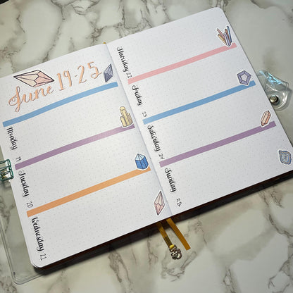 An overview image of a crystals themed bullet journal weekly spread.
