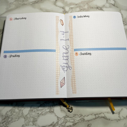 An overview image of a crystals themed bullet journal weekly spread.