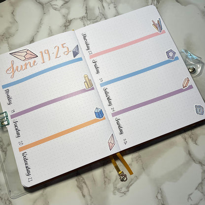 An overview image of a crystals themed bullet journal weekly spread.