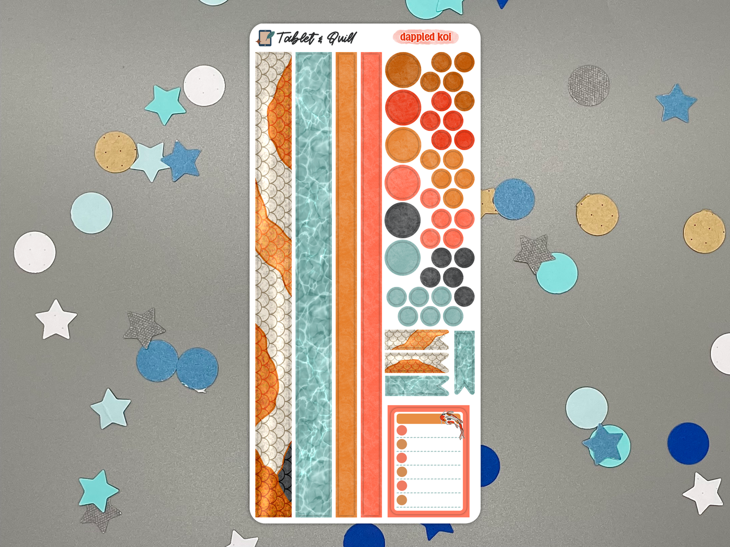 Decorative koi themed sticker sheet on a gray background with confetti.