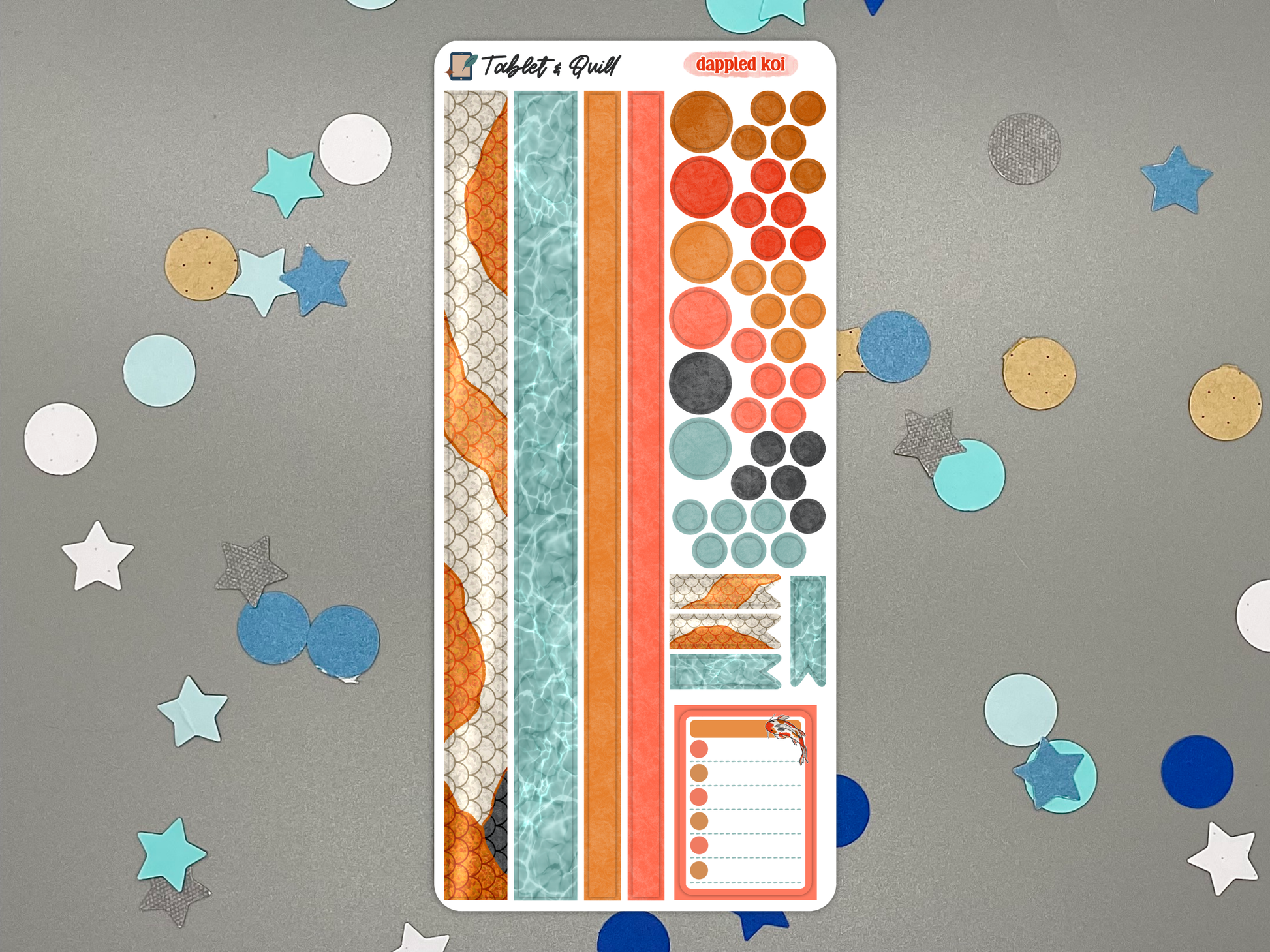Decorative koi themed sticker sheet on a gray background with confetti.