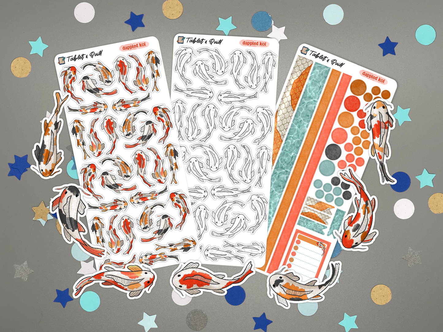 Set of koi themed stickers and sticker sheets on a gray background with confetti.
