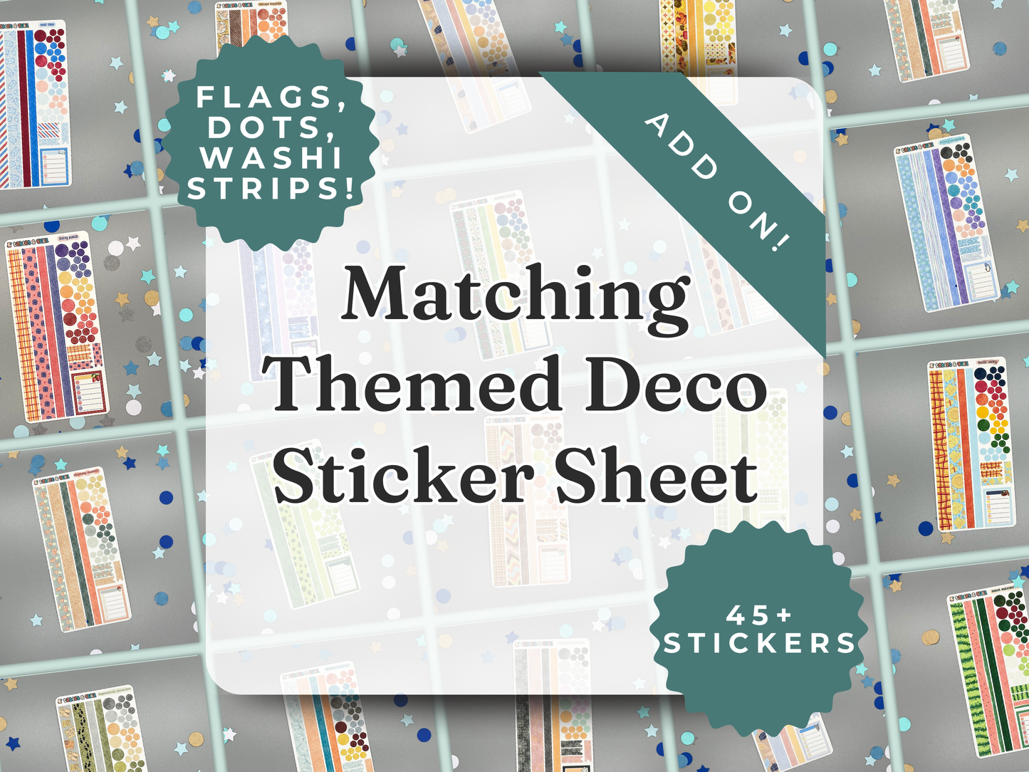 Decorative sticks in the background. Text reads matching themed deco sticker sheet with 45+ stickers.