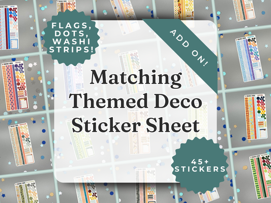 Decorative sticks in the background. Text reads matching themed deco sticker sheet with 45+ stickers.