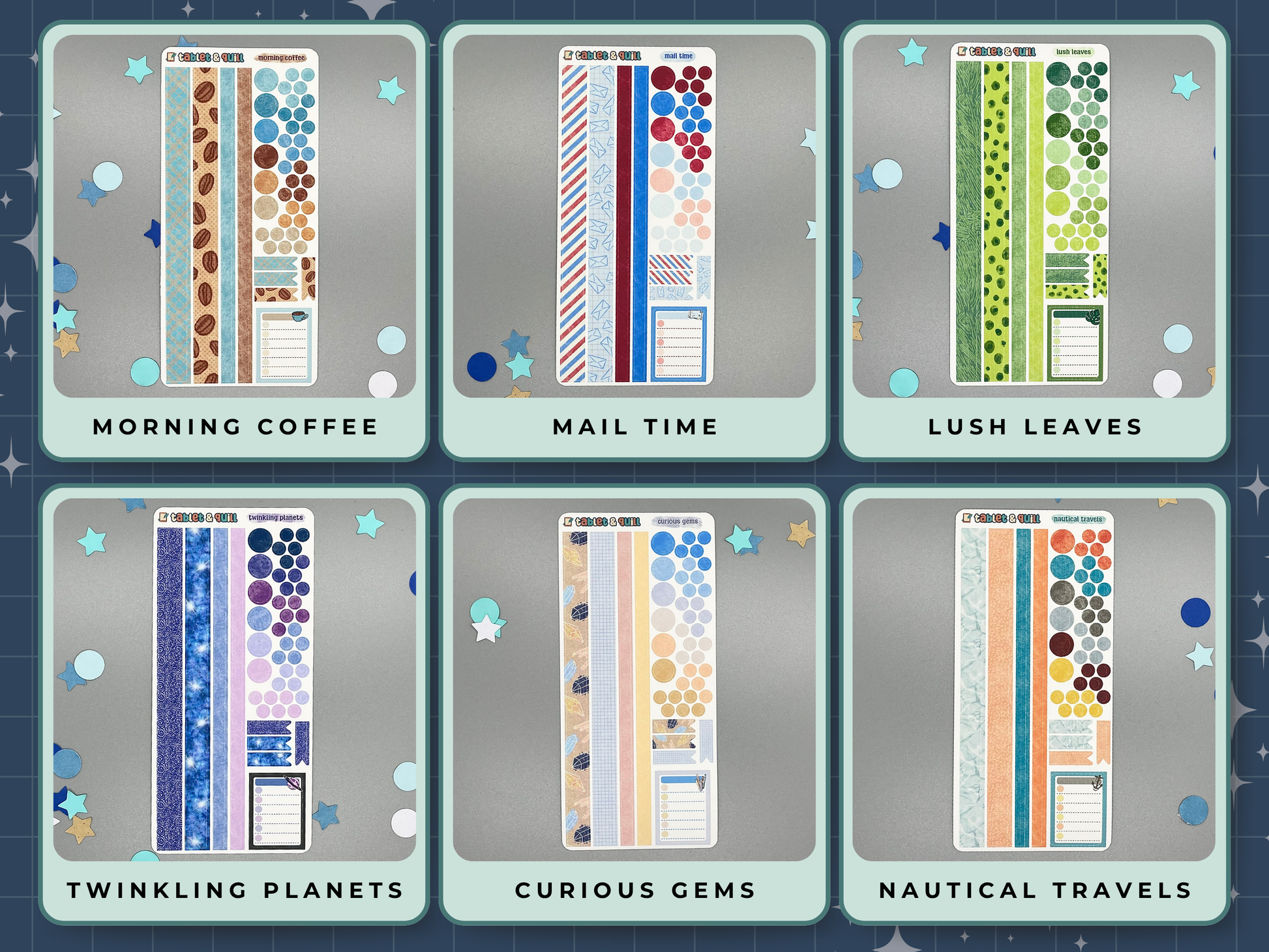 Six themed decorative sticker sheets in different themes with titles and with washi strips, circles, dots, flats, and a note sticker on a gray background. Themes are coffee, mail, leaves, planets, crystals, nautical.