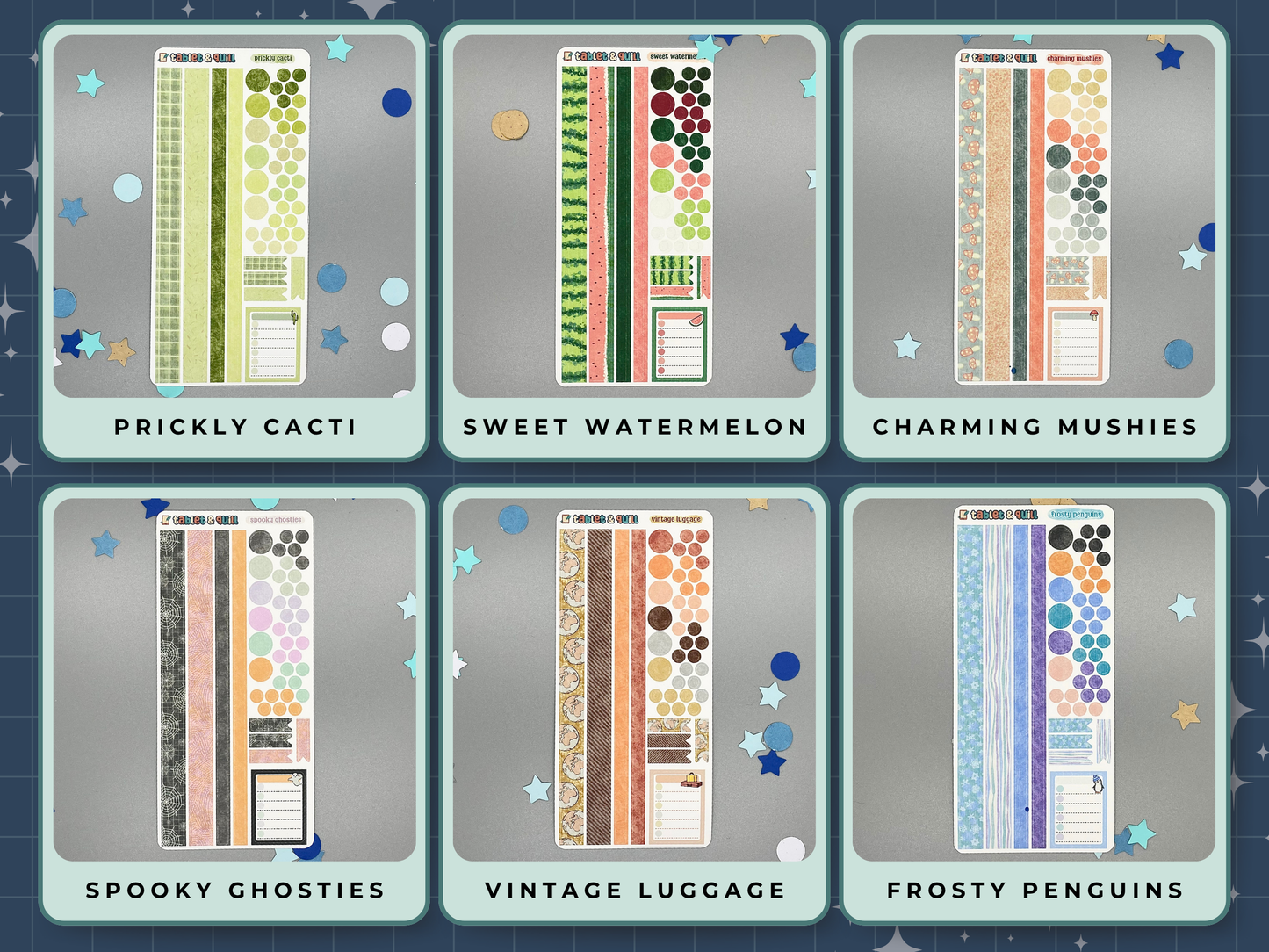 Six themed decorative sticker sheets in different themes with titles and with washi strips, circles, dots, flats, and a note sticker on a gray background. Themes are cacti, watermelon, mushrooms, ghosts, luggage, penguins.