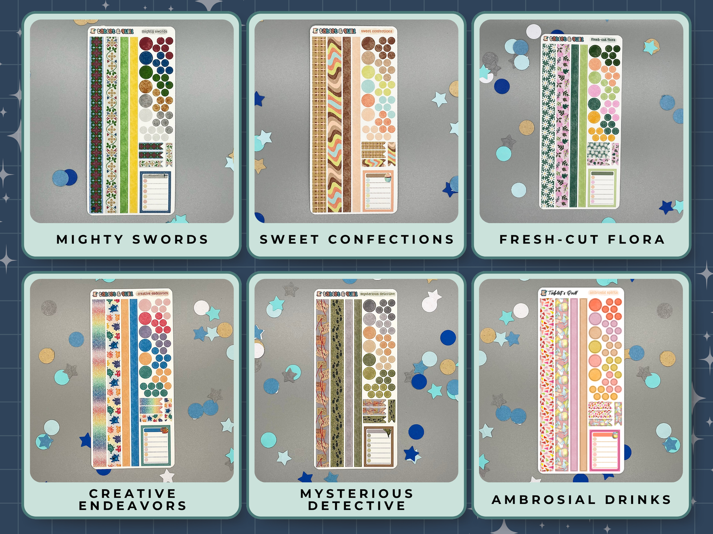 Six themed decorative sticker sheets in different themes with titles and with washi strips, circles, dots, flats, and a note sticker on a gray background. Themes are medieval swords, desserts, jarred flowers, art supplies, detective, tropical drinks.