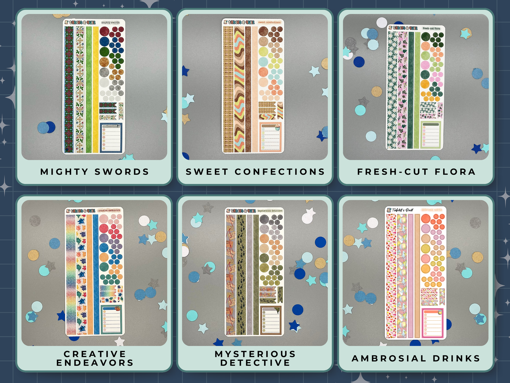 Six themed decorative sticker sheets in different themes with titles and with washi strips, circles, dots, flats, and a note sticker on a gray background. Themes are medieval swords, desserts, jarred flowers, art supplies, detective, tropical drinks.