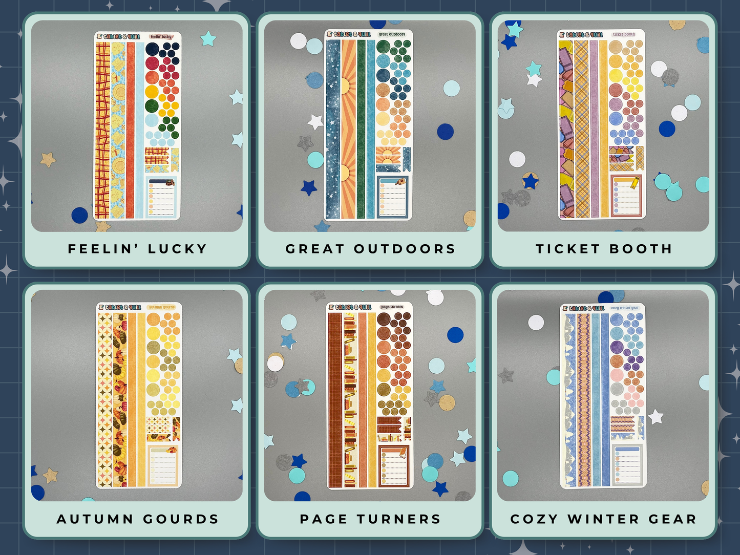Six themed decorative sticker sheets in different themes with titles and with washi strips, circles, dots, flats, and a note sticker on a gray background. Themes are casino, camping, tickets, pumpkins, books, winter clothes.