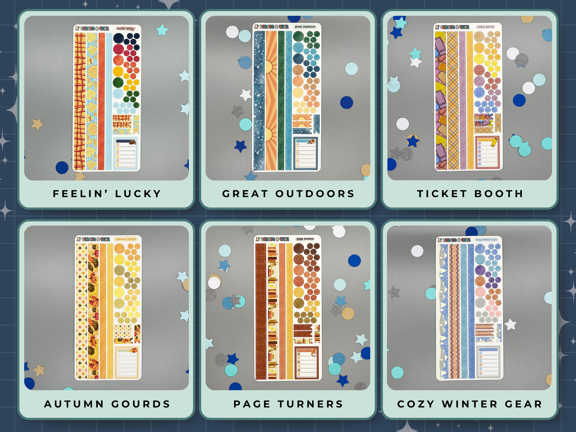 Six themed decorative sticker sheets in different themes with titles and with washi strips, circles, dots, flats, and a note sticker on a gray background. Themes are casino, camping, tickets, pumpkins, books, winter clothes.