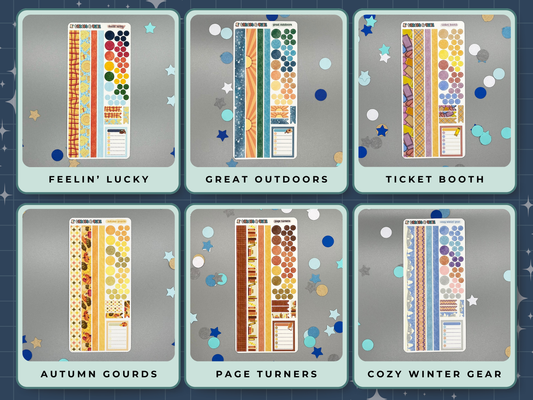 Six themed decorative sticker sheets in different themes with titles and with washi strips, circles, dots, flats, and a note sticker on a gray background. Themes are casino, camping, tickets, pumpkins, books, winter clothes.