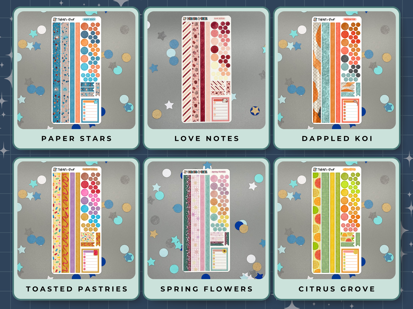 Six themed decorative sticker sheets in different themes with titles and with washi strips, circles, dots, flats, and a note sticker on a gray background. Themes are paper stars, love notes, koi, toasted pastries, flowers, citrus.