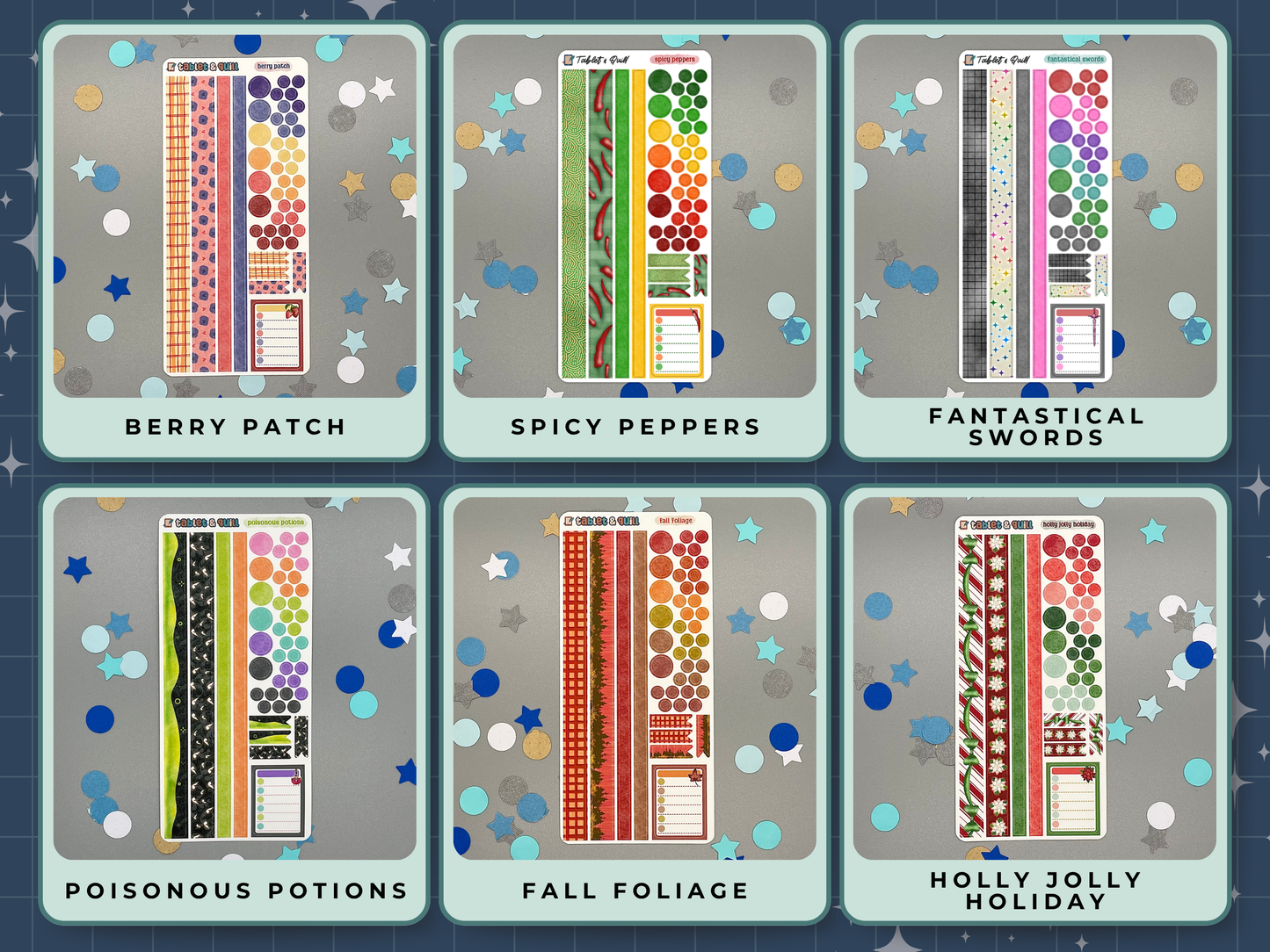 Six themed decorative sticker sheets in different themes with titles and with washi strips, circles, dots, flats, and a note sticker on a gray background. Themes are berries, peppers, fantasy swords, potions, autumn leaves, christmas.