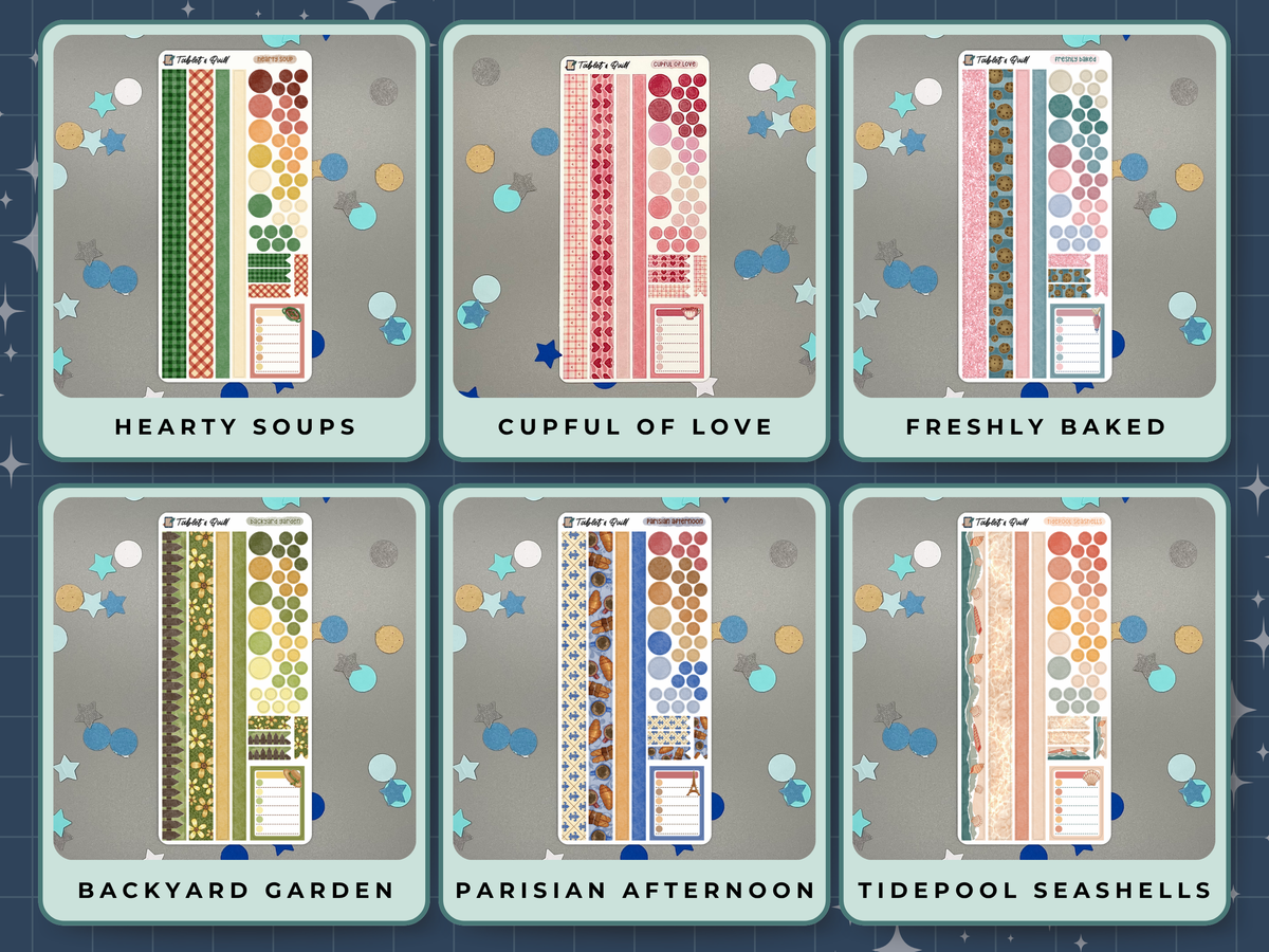 Six themed decorative sticker sheets in different themes with titles and with washi strips, circles, dots, flats, and a note sticker on a gray background. Themes are soup, Valentine's tea, baking, garden, Paris, and seashells.