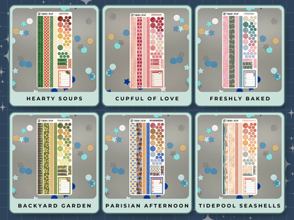Six themed decorative sticker sheets in different themes with titles and with washi strips, circles, dots, flats, and a note sticker on a gray background. Themes are soup, Valentine's tea, baking, garden, Paris, and seashells.