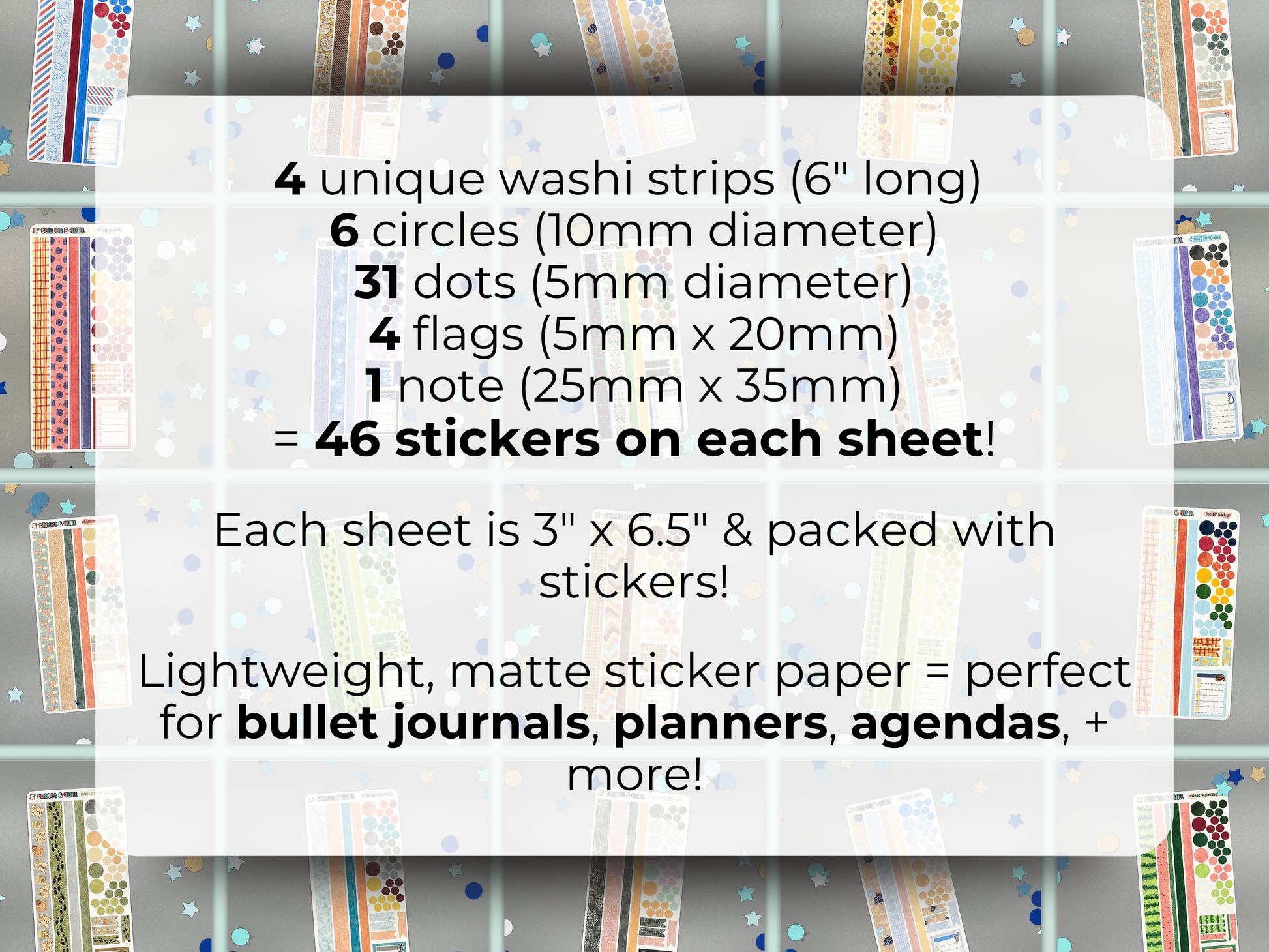 Benefits and specifications of what is on each decorative sticker sheet.