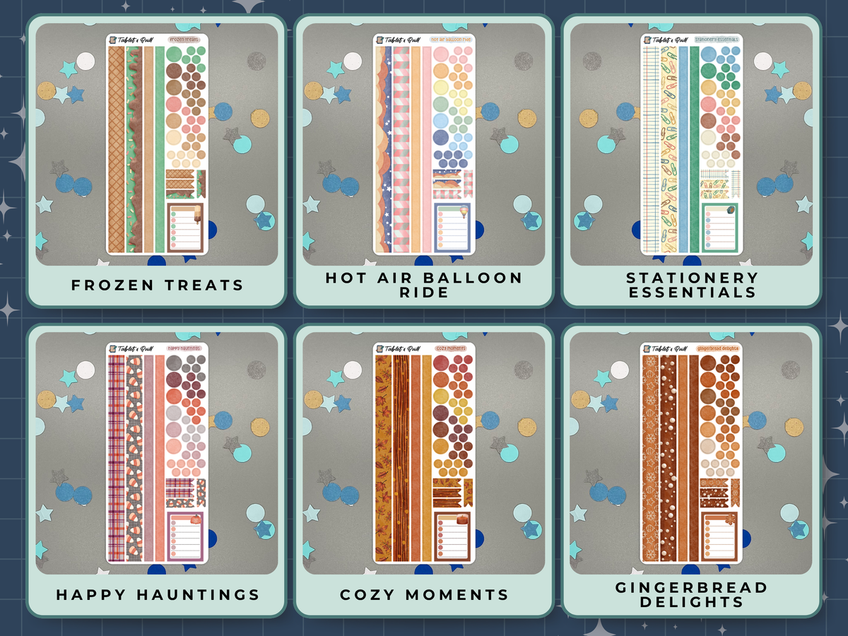 Six themed decorative sticker sheets in different themes with titles and with washi strips, circles, dots, flats, and a note sticker on a gray background. Themes are ice cream, hot air balloons, stationery supplies, Halloween, cozy autumn, and gingerbread.