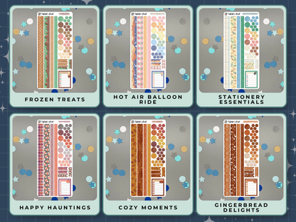 Six themed decorative sticker sheets in different themes with titles and with washi strips, circles, dots, flats, and a note sticker on a gray background. Themes are ice cream, hot air balloons, stationery supplies, Halloween, cozy autumn, and gingerbread.