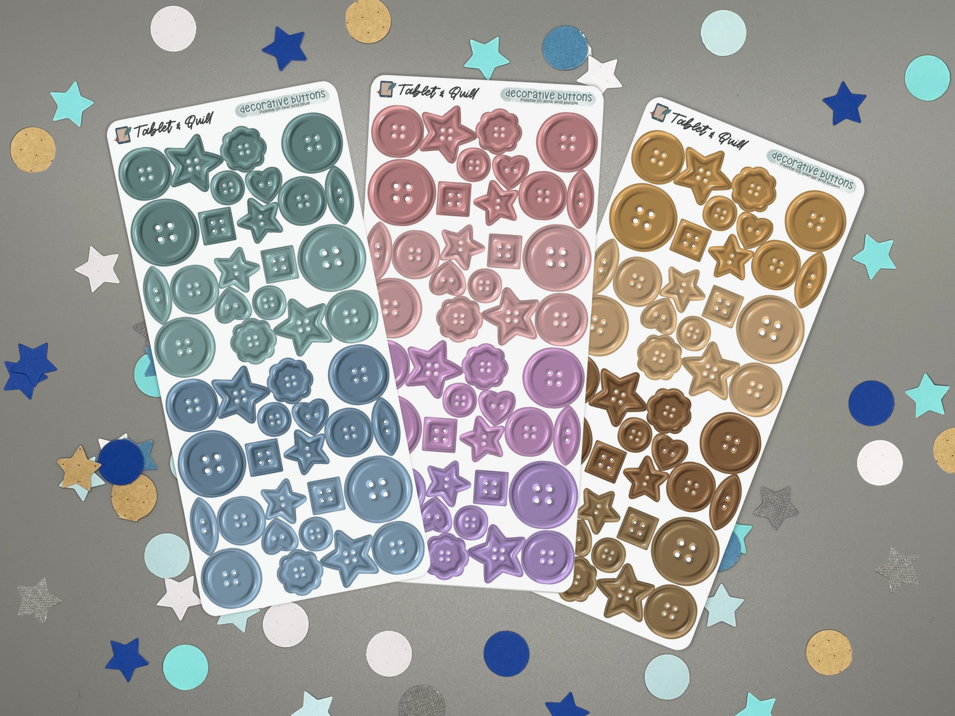 Three sheets of decorative stickers with buttons on a gray background with confetti.