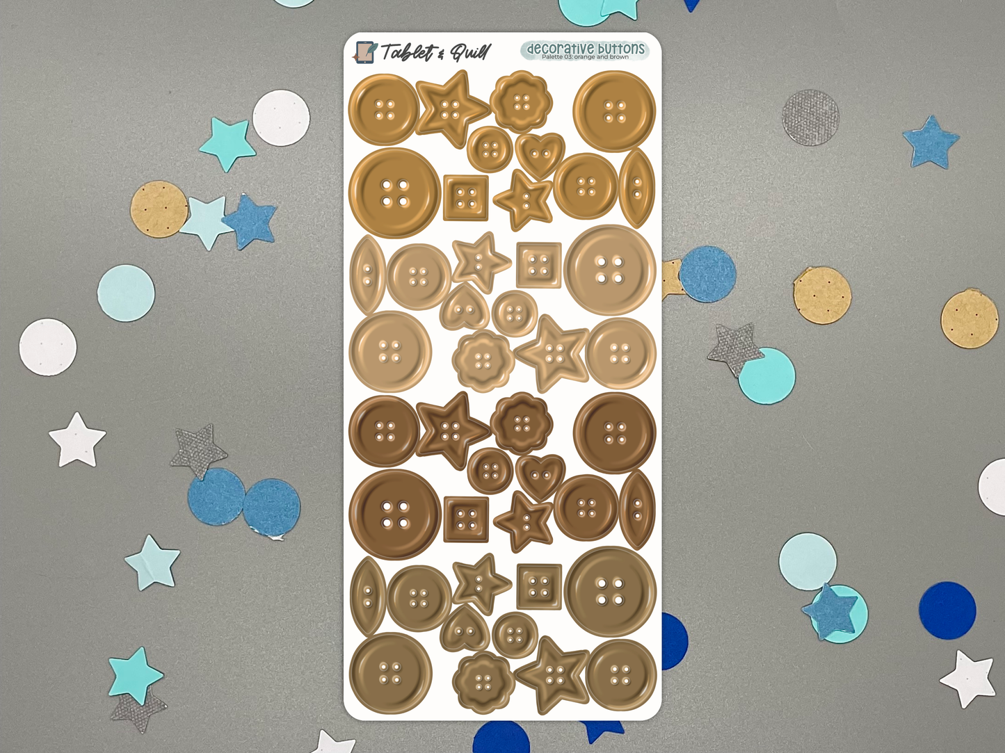 Sticker sheet of brown and orange decorative buttons on a gray background with colorful confetti.
