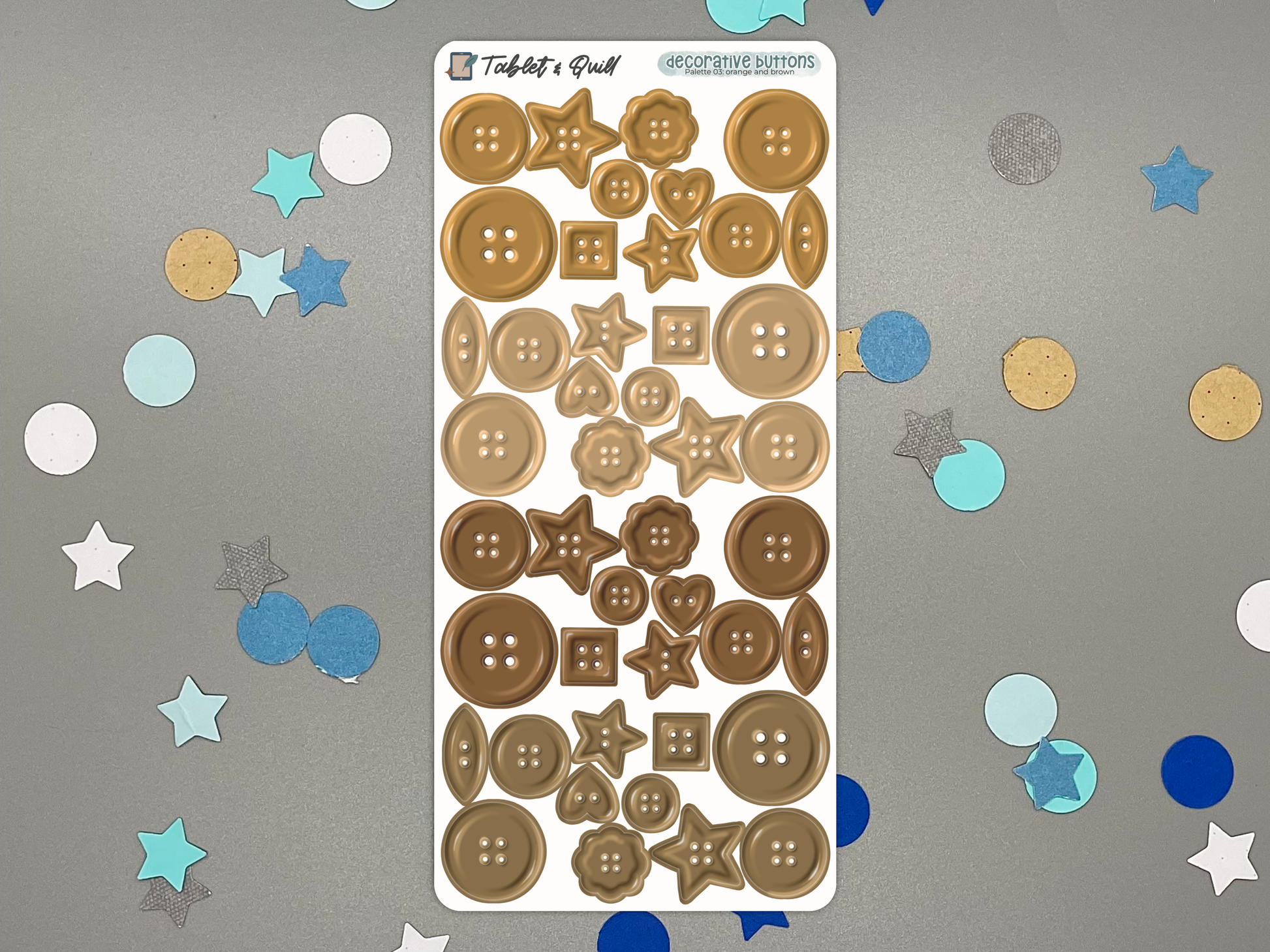 Sticker sheet of brown and orange decorative buttons on a gray background with colorful confetti.