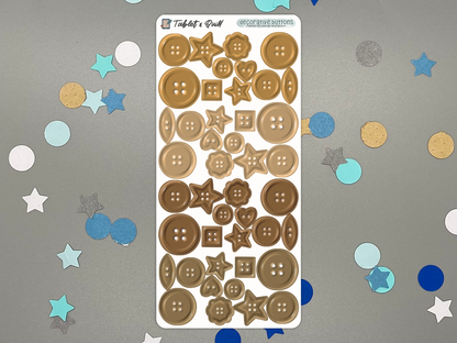 Sticker sheet of brown and orange decorative buttons on a gray background with colorful confetti.