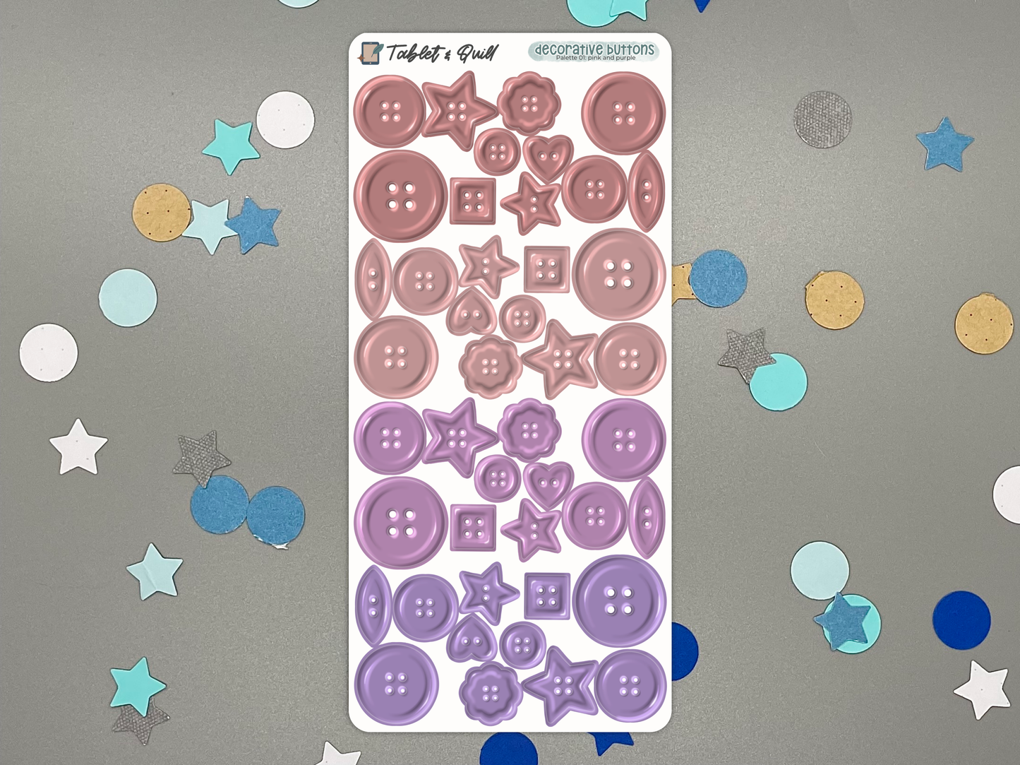 Sticker sheet of pink and purple decorative buttons on a gray background with colorful confetti.