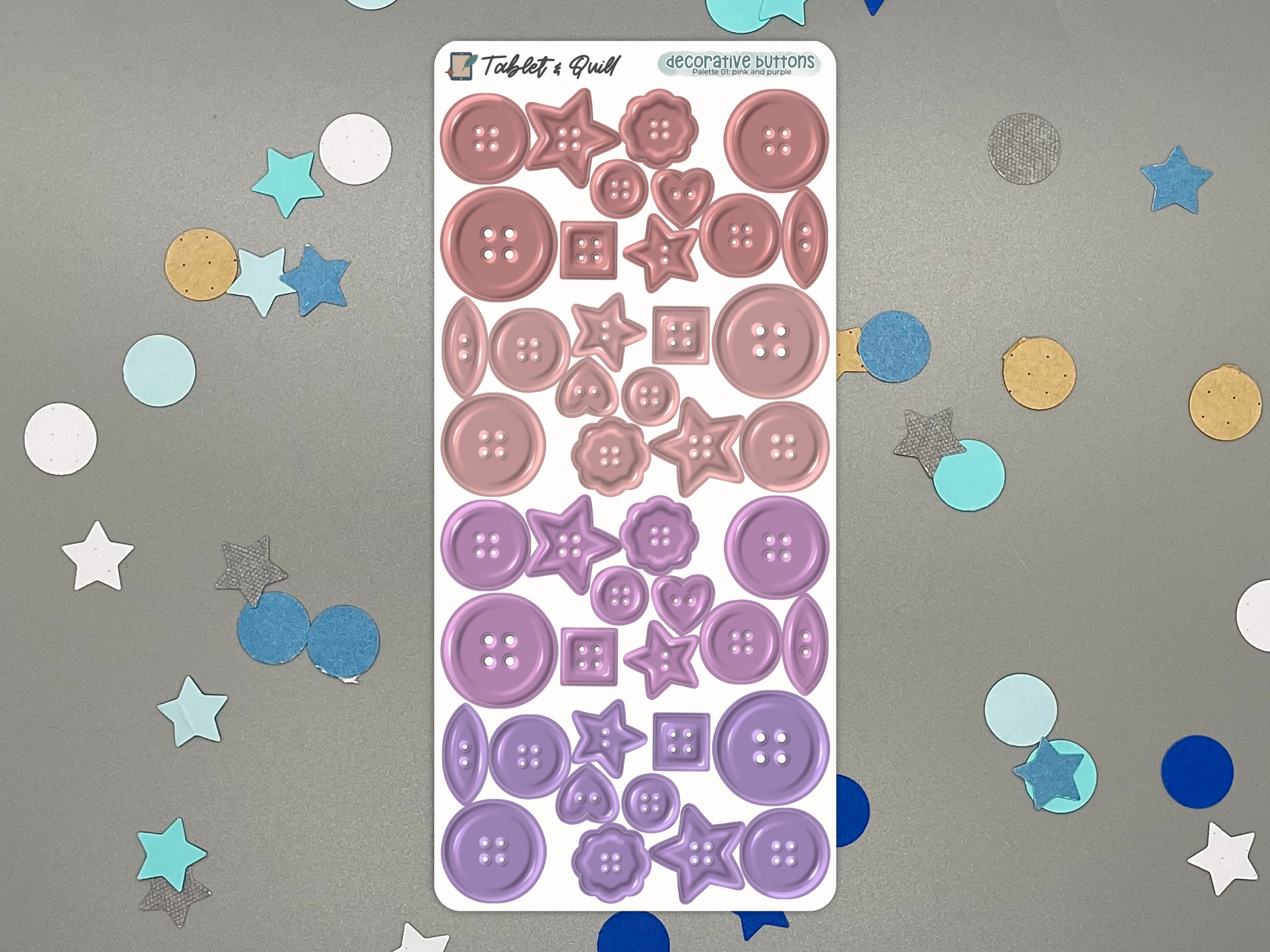 Sticker sheet of pink and purple decorative buttons on a gray background with colorful confetti.