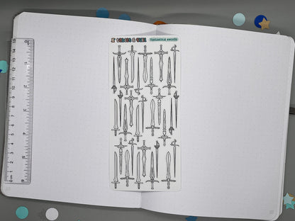 Sword Themed Fantasy Swords DIY Color Black & White Sticker Sheet
