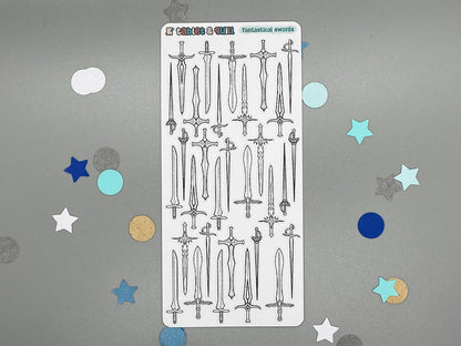 Sword Themed Fantasy Swords DIY Color Black & White Sticker Sheet