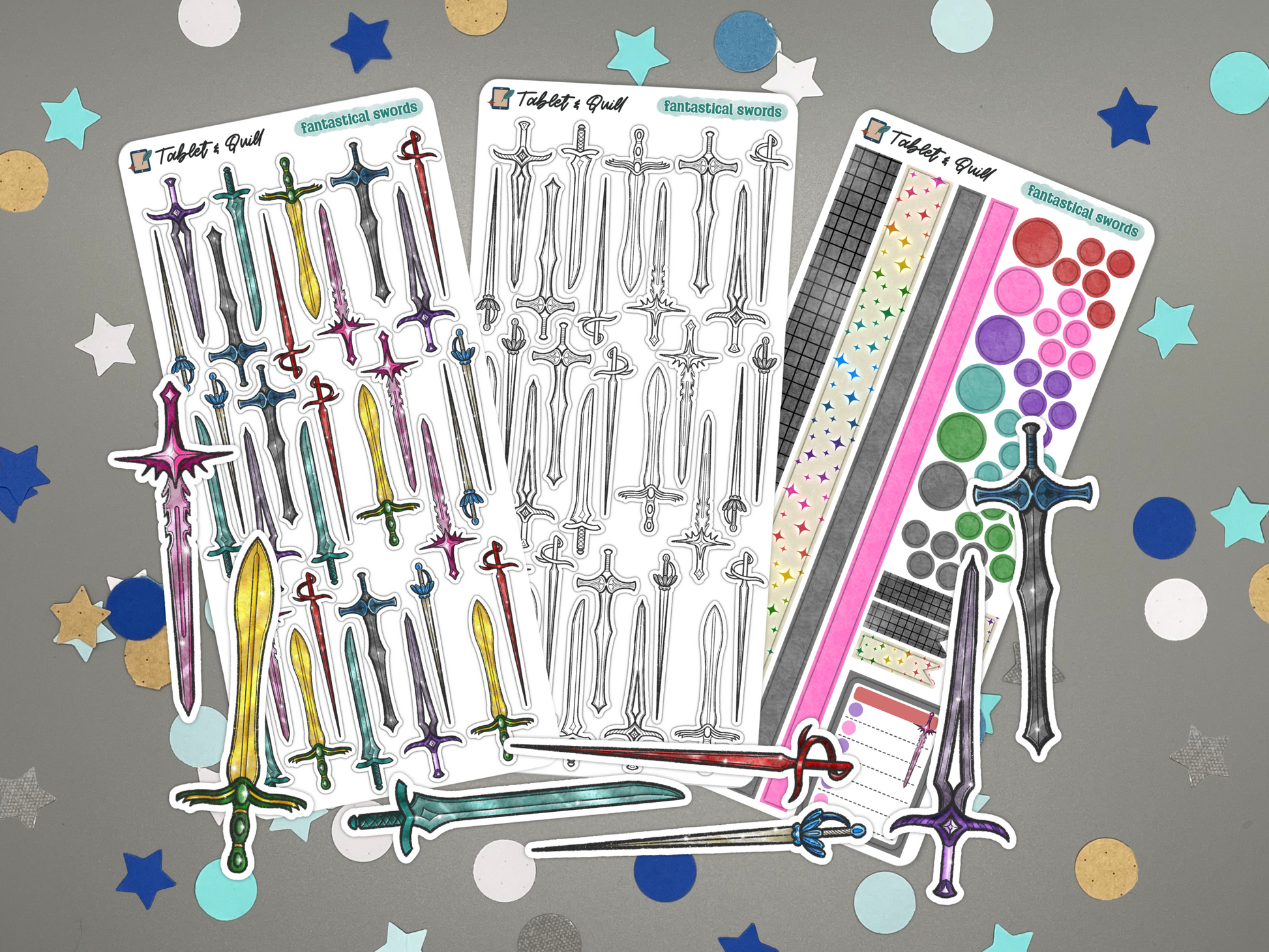 Collection of sword-themed stickers on a gray background with colorful star-shaped confetti.