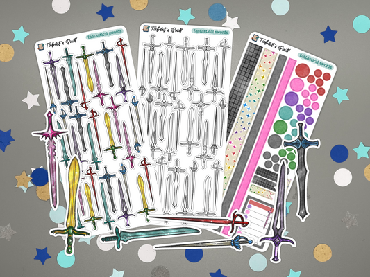 Collection of sword-themed stickers on a gray background with colorful star-shaped confetti.