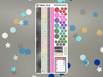 Decorative sticker sheet with washi strips and circle dots that match with the Fantastical Swords sticker set on gray background with confetti.