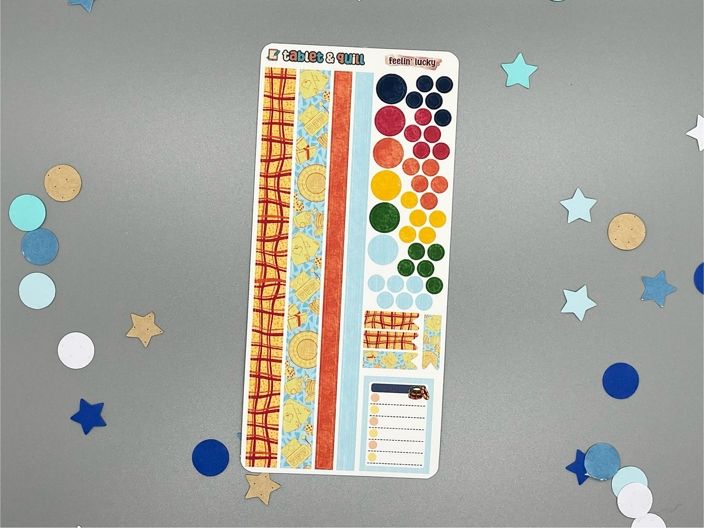 Sticker sheet matching the feelin' lucky casino themed sticker set on a gray background with decorative stars and circles.