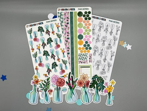 An overview image of jarred flora themed stickers, including a color sticker sheet, a colorable sticker sheet, a decorative sticker sheet, and die cut sticker flakes.