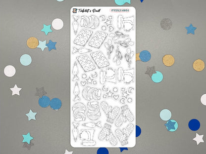 Black and white baking themed sticker sheet over a gray surface with confetti.