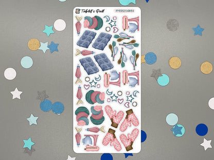 A baking themed sticker sheet in color over a gray background with confetti.