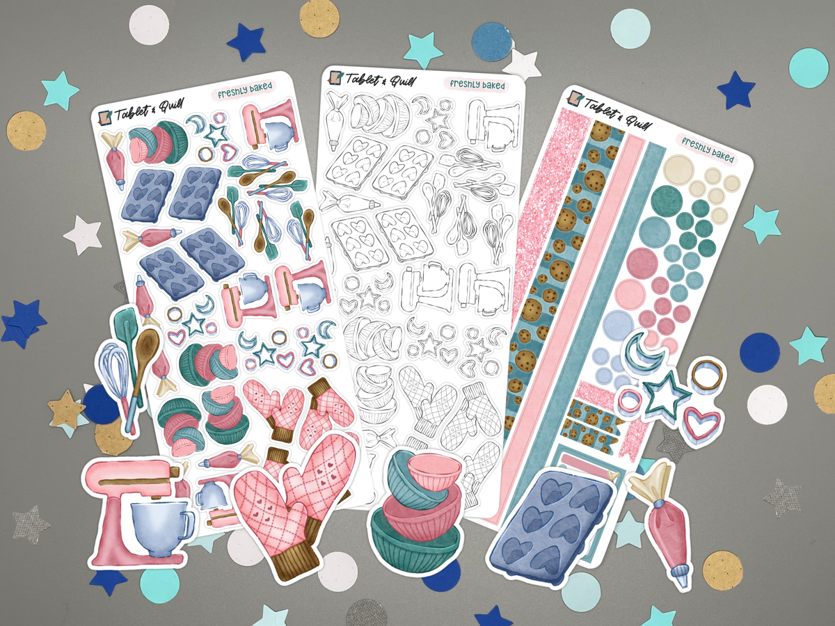 Three baking themed sticker sheets and seven die cut stickers on a gray background with confetti.