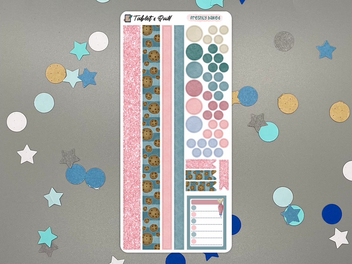 A pastel sticker sheet with washi-like strips and circles that matches with the freshly baked stickers.