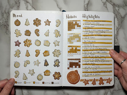 Bullet journal monthly dashboard showing doodle mood log, habit tracker, gratitude/highlights