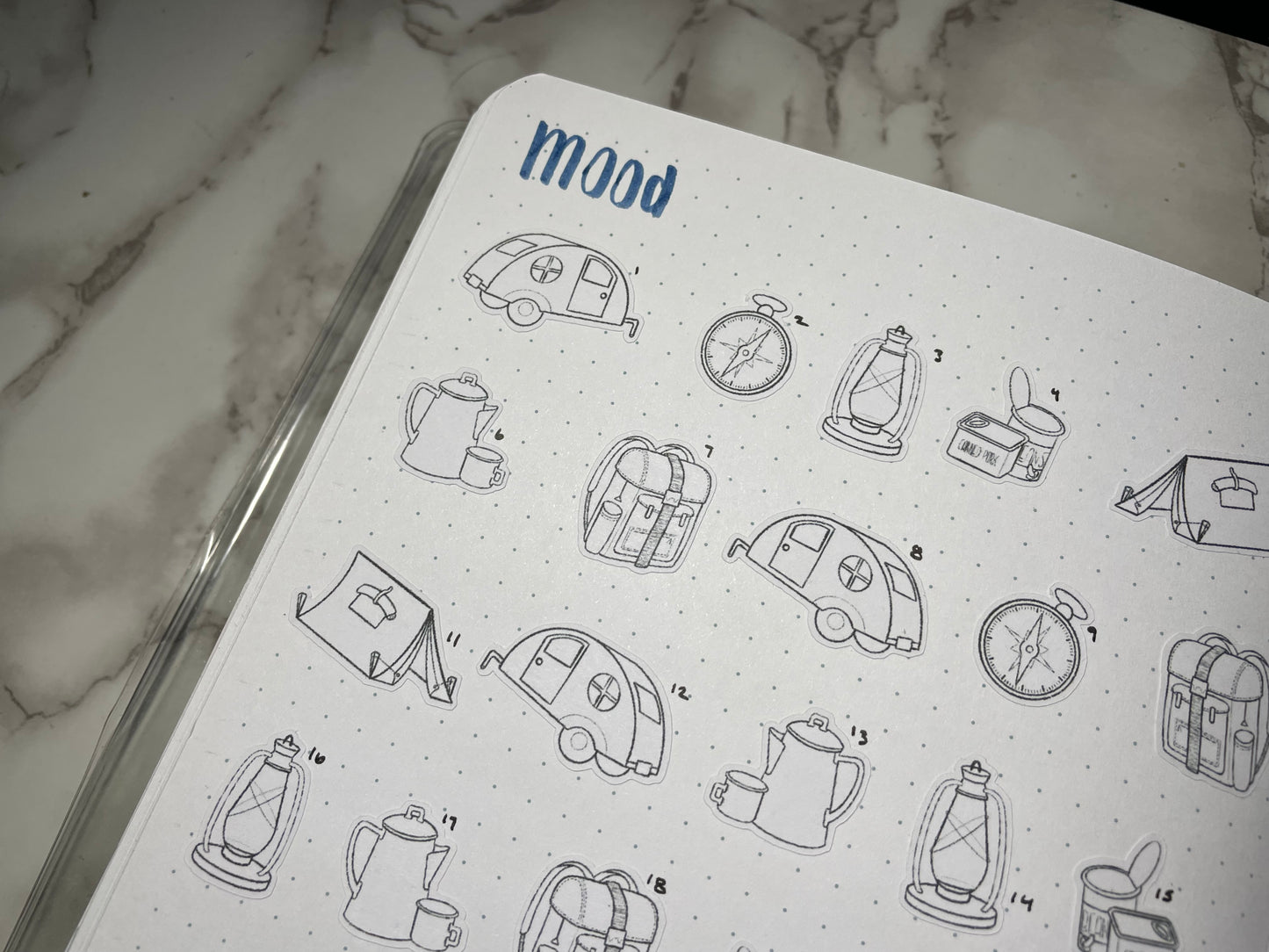 Close up of a mood log using camping themed diy color stickers in a bullet journal.