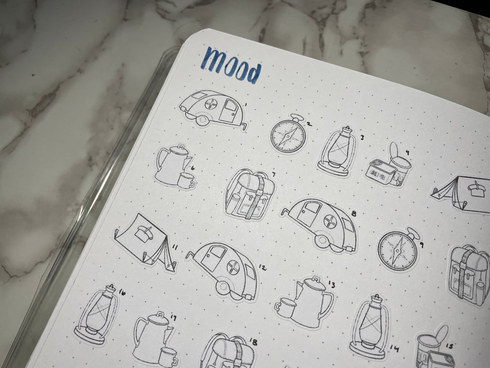 Close up of a mood log using camping themed diy color stickers in a bullet journal.