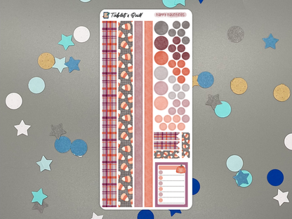Decorative sticker sheet with washi strips and circle dots that match with the Happy Hauntings Halloween sticker set on gray background with confetti.
