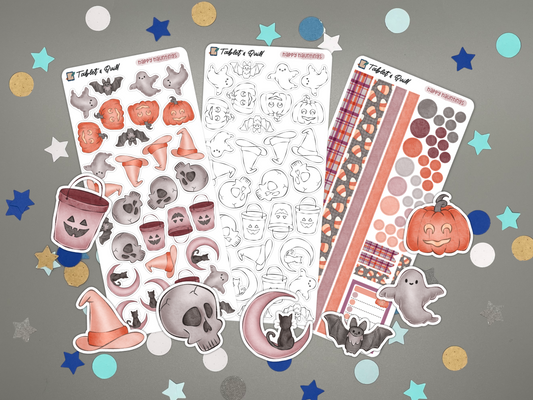 Halloween-themed sticker sheets with various designs on a gray background.
