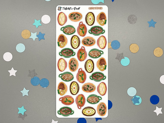 A sheet of decorative stickers featuring illustrated bowls of soup, displayed on a gray background with scattered pastel star and circle confetti.