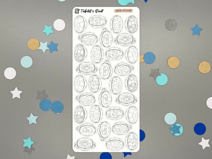 A sheet of planner stickers featuring hand-drawn line art illustrations of various soup bowls, displayed on a gray background decorated with scattered star and circle confetti.