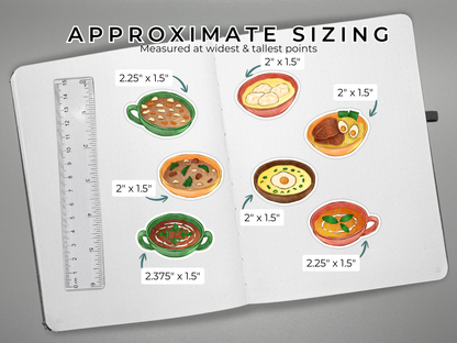 A sizing guide showing approximate dimensions of seven different bowls of soup and stews stickers, with a ruler on the left and the text 'APPROXIMATE SIZING' at the top, displayed on a gray background.