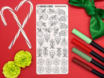 Christmas Themed Holly Jolly Holiday DIY Color Black & White Sticker Sheet