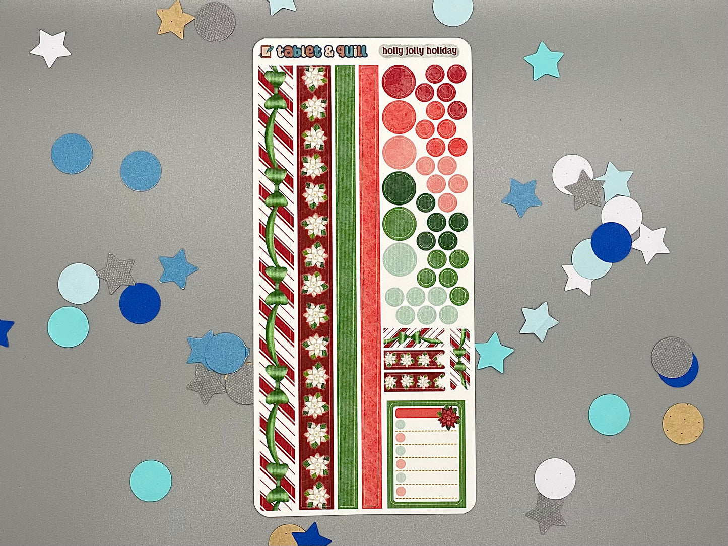 Decorative sticker sheet with washi strips and circle dots that match with the Holly Jolly Holiday Christmas sticker set on gray background with confetti.